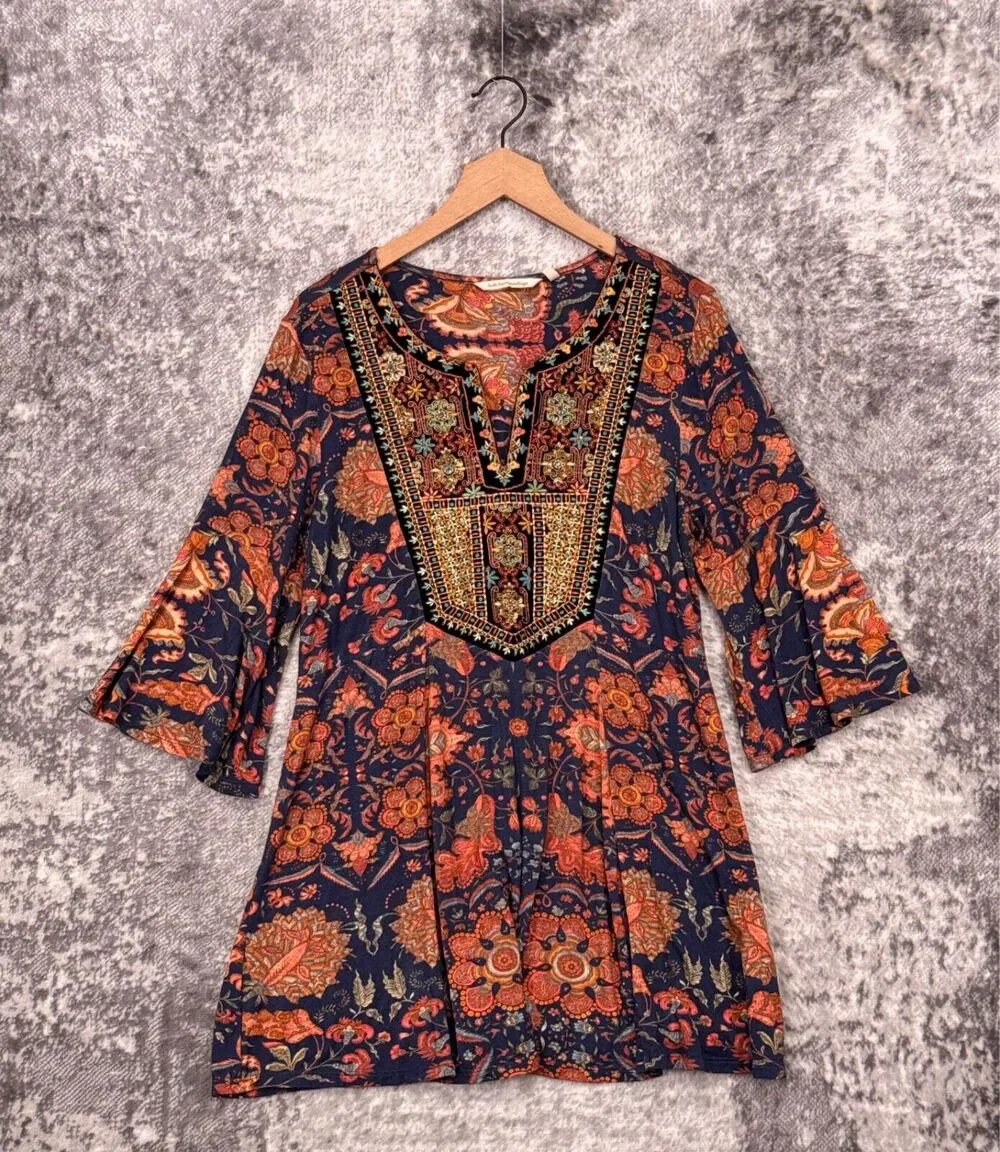 Soft Surroundings Top Medium Womens Beaded Kimono Sleeve Floral Print Tunic